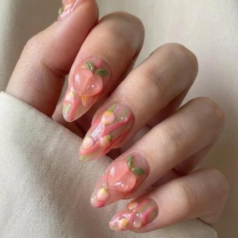 3D Nail Design, Peach Nail Set, press on nails, custom press on nails, fake nails, Nails Art, stained glass nails, gold press on nails, 3d press on nails, luxury press on nails, handmade press on nails