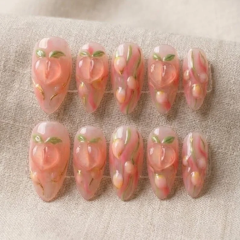 3D Peach Press-On, Press-On Nails, press on nails, custom press on nails, fake nails, Nails Art, stained glass nails, gold press on nails, 3d press on nails, luxury press on nails, handmade press on nails