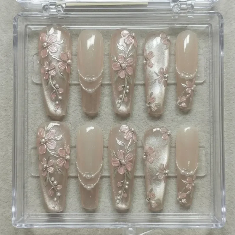 3D Pearl Nails, Floral Garden Nails, press on nails, custom press on nails, fake nails, Nails Art, stained glass nails, gold press on nails, 3d press on nails, luxury press on nails, handmade press on nails