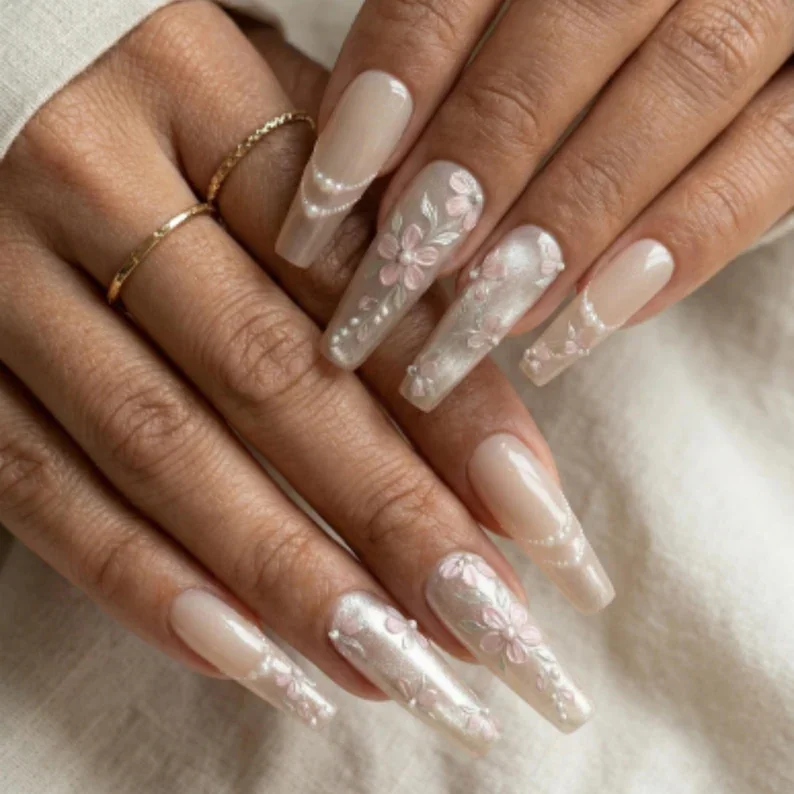 Garden Bridal Nails, Velvet Cat Eye, press on nails, custom press on nails, fake nails, Nails Art, stained glass nails, gold press on nails, 3d press on nails, luxury press on nails, handmade press on nails