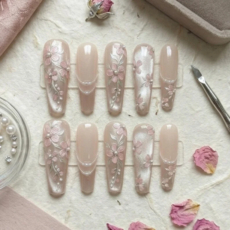 3D Pearl Nails, Floral Garden Nails, press on nails, custom press on nails, fake nails, Nails Art, stained glass nails, gold press on nails, 3d press on nails, luxury press on nails, handmade press on nails