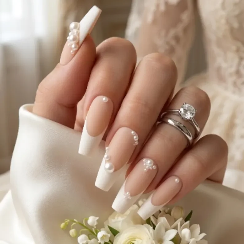 3D Pearl French Tip, Press On Nails, press on nails, custom press on nails, fake nails, Nails Art, stained glass nails, gold press on nails, 3d press on nails, luxury press on nails, handmade press on nails