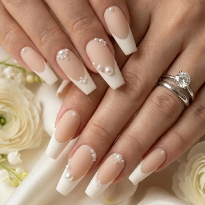 Matte White Nails, Nude Wedding Nails, press on nails, custom press on nails, fake nails, Nails Art, stained glass nails, gold press on nails, 3d press on nails, luxury press on nails, handmade press on nails