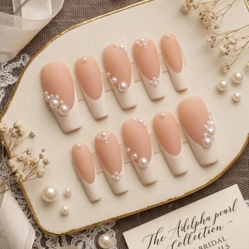 3D Pearl Nails, Matte Nude Nails, press on nails, custom press on nails, fake nails, Nails Art, stained glass nails, gold press on nails, 3d press on nails, luxury press on nails, handmade press on nails
