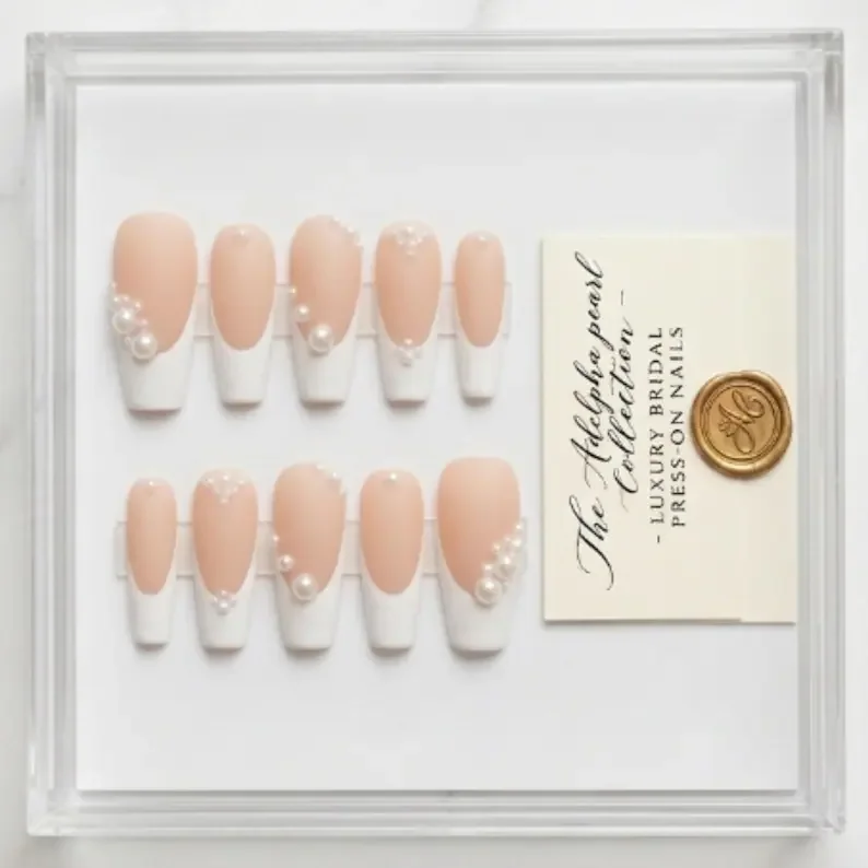 3D Pearl French Tip, Press On Nails, press on nails, custom press on nails, fake nails, Nails Art, stained glass nails, gold press on nails, 3d press on nails, luxury press on nails, handmade press on nails
