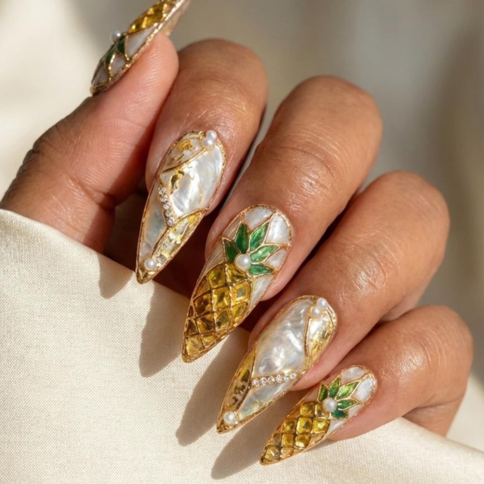 3D Pineapple Nails, Press On Nails, press on nails, custom press on nails, fake nails, Nails Art, stained glass nails, gold press on nails, 3d press on nails, luxury press on nails, handmade press on nails