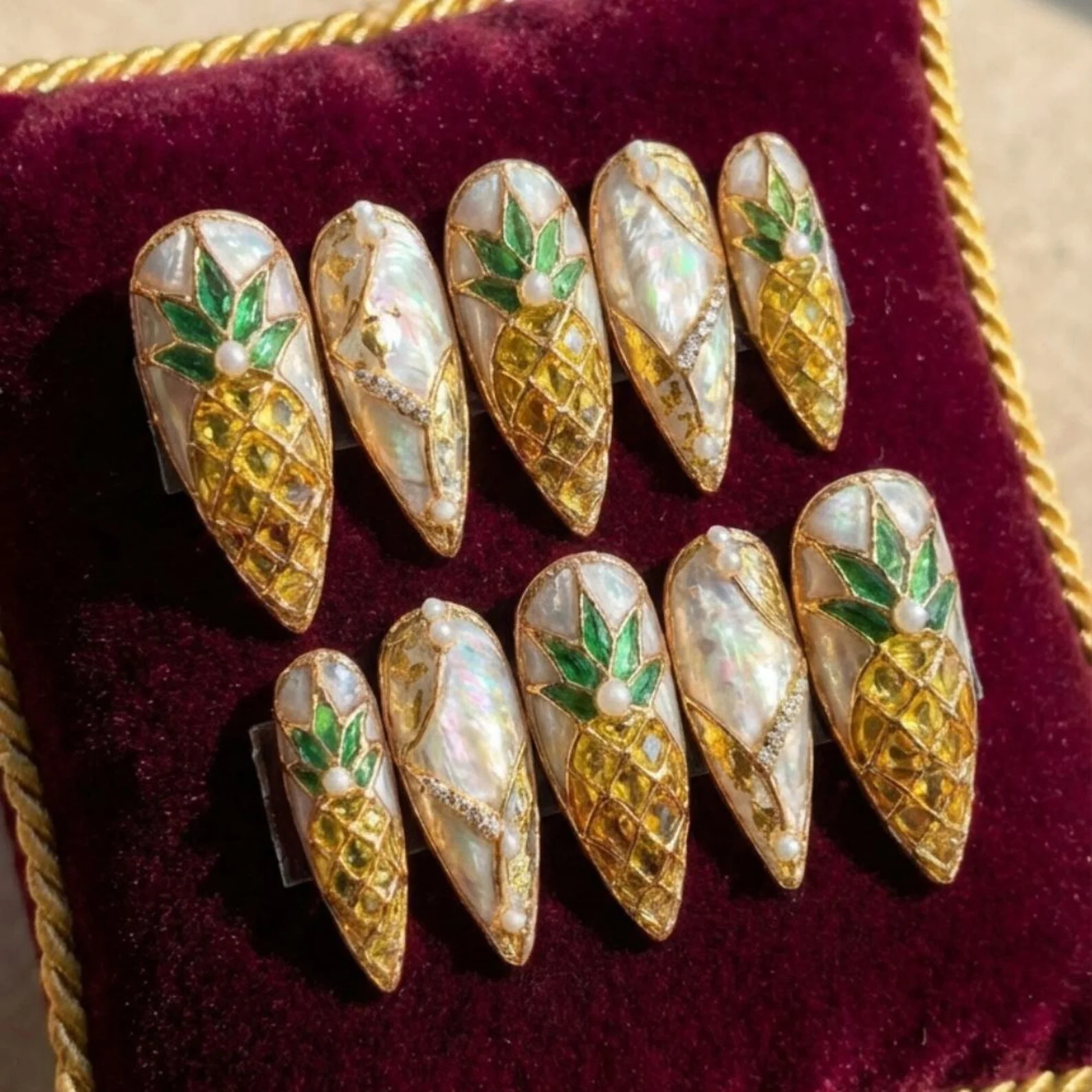 Gold Pearl Nail Art, Mother of Summer, press on nails, custom press on nails, fake nails, Nails Art, stained glass nails, gold press on nails, 3d press on nails, luxury press on nails, handmade press on nails