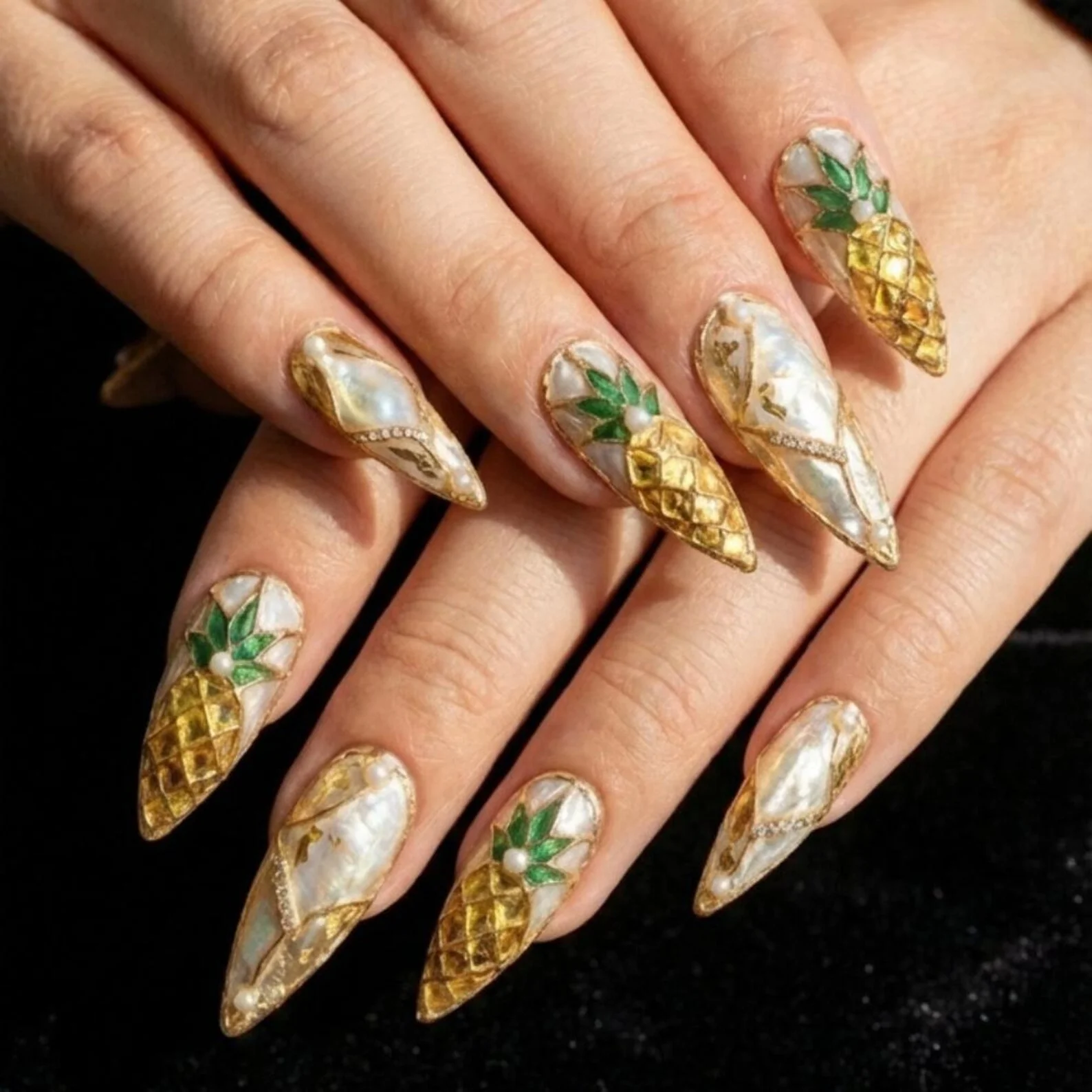 Summer Nail Art, Pineapple Nail Design, press on nails, custom press on nails, fake nails, Nails Art, stained glass nails, gold press on nails, 3d press on nails, luxury press on nails, handmade press on nails