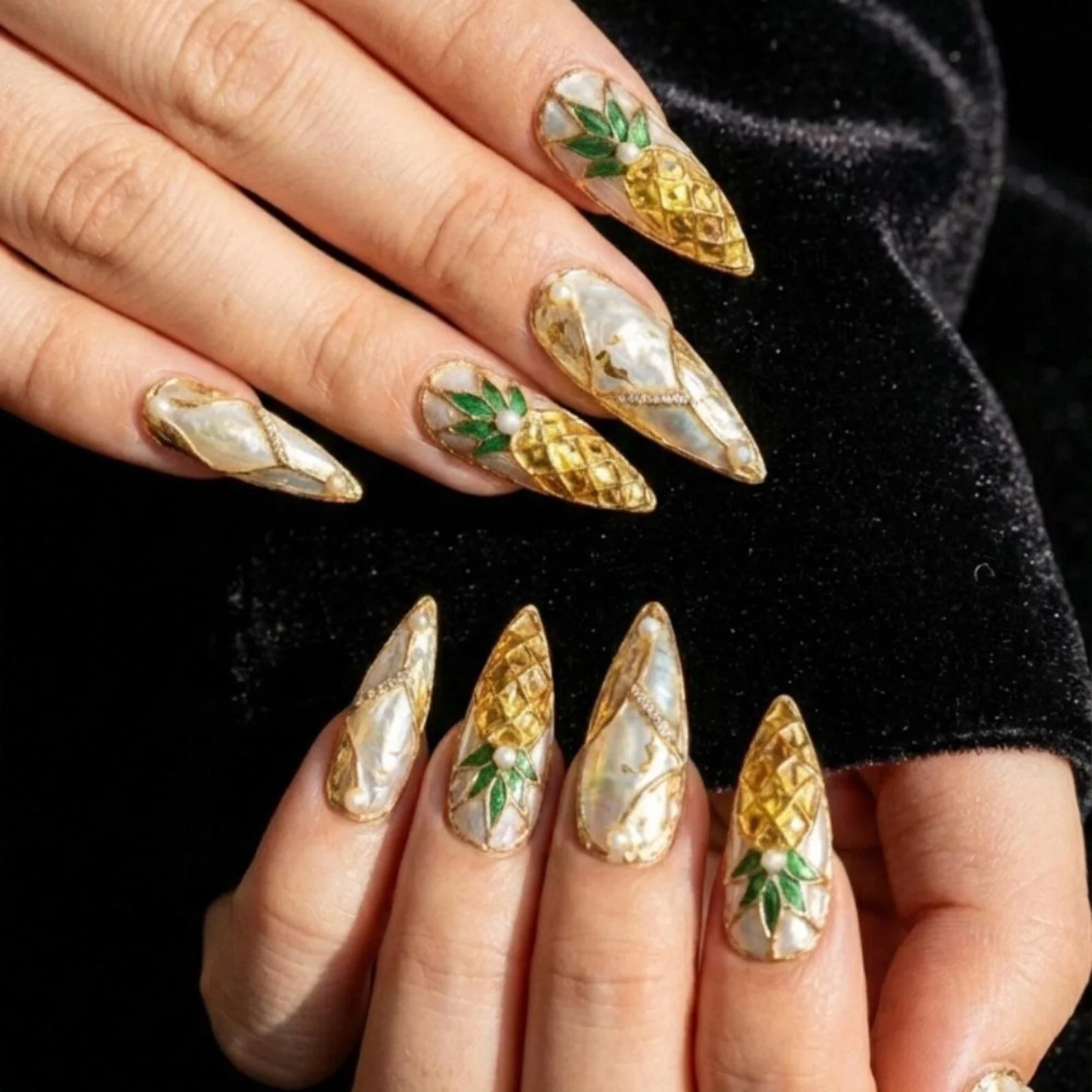3D Fruit Nails, Gold Pearl Manicure, press on nails, custom press on nails, fake nails, Nails Art, stained glass nails, gold press on nails, 3d press on nails, luxury press on nails, handmade press on nails