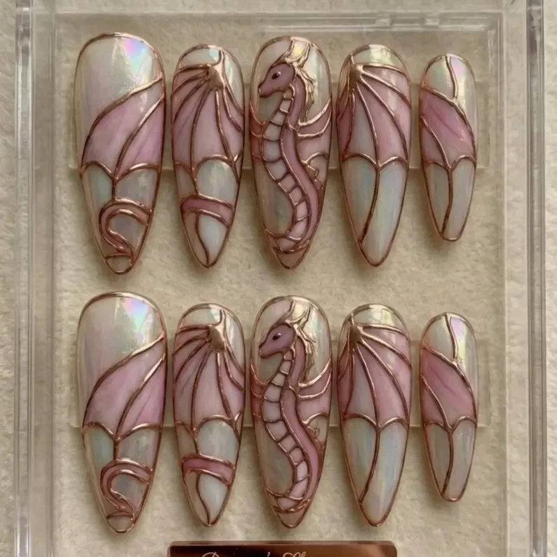 3D Pink Dragon, Stained Glass Nails, press on nails, custom press on nails, fake nails, Nails Art, stained glass nails, gold press on nails, 3d press on nails, luxury press on nails, handmade press on nails