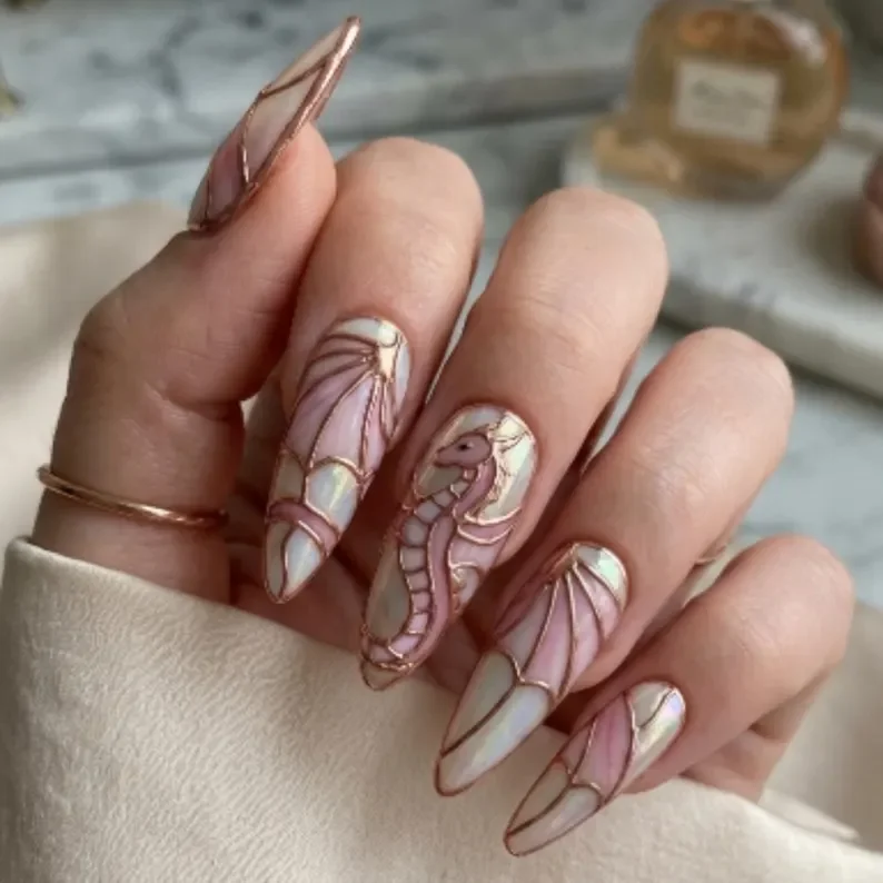 Press On Nails, Iridescent Rose Gold, press on nails, custom press on nails, fake nails, Nails Art, stained glass nails, gold press on nails, 3d press on nails, luxury press on nails, handmade press on nails