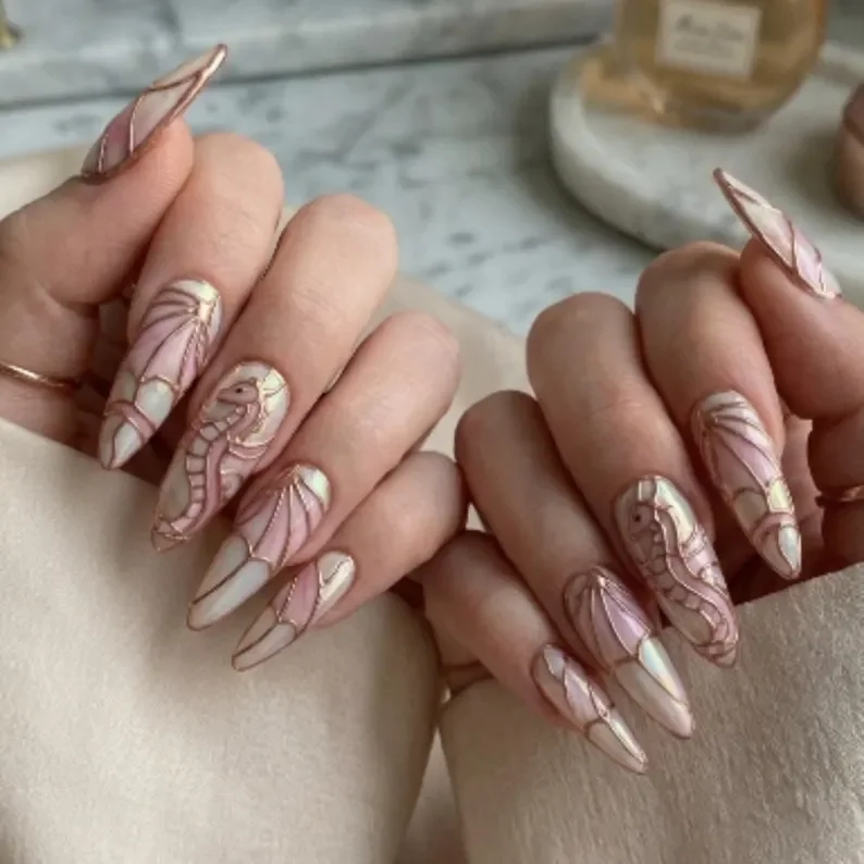Filigree Nail Art, Fantasy Art Nails, press on nails, custom press on nails, fake nails, Nails Art, stained glass nails, gold press on nails, 3d press on nails, luxury press on nails, handmade press on nails