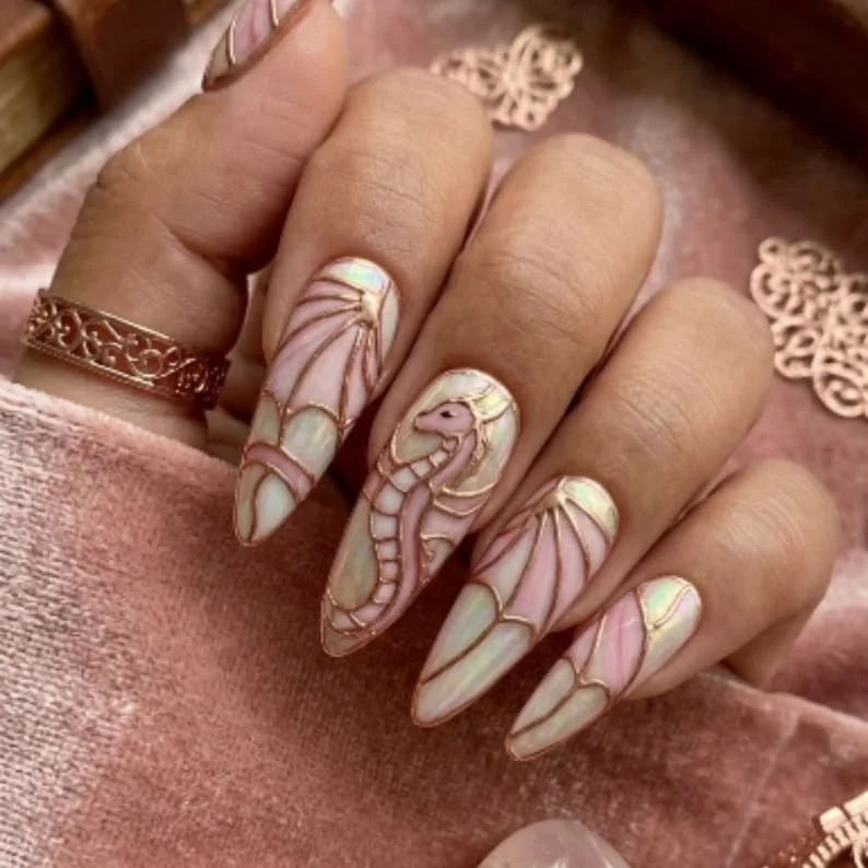 Dragon Nail Design, Rose Gold Iridescent, press on nails, custom press on nails, fake nails, Nails Art, stained glass nails, gold press on nails, 3d press on nails, luxury press on nails, handmade press on nails