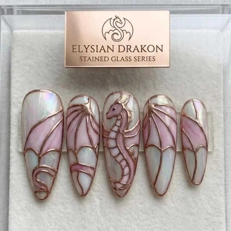 Pink Dragon Nails, 3D Pink Dragon, press on nails, custom press on nails, fake nails, Nails Art, stained glass nails, gold press on nails, 3d press on nails, luxury press on nails, handmade press on nails