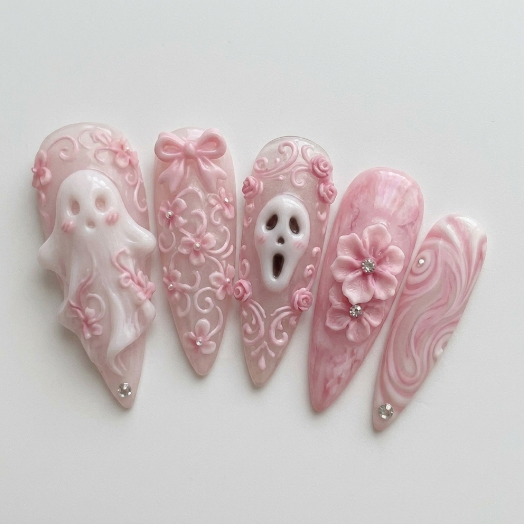 Coquette Halloween, Spooky Cute Nails, press on nails, custom press on nails, fake nails, Nails Art, stained glass nails, gold press on nails, 3d press on nails, luxury press on nails, handmade press on nails