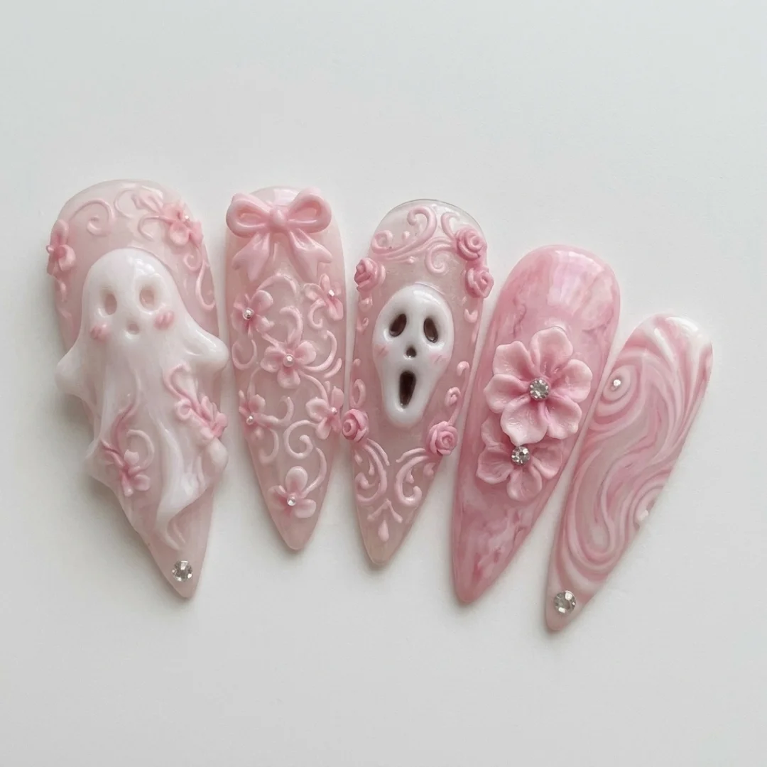 3D Pink Ghostface, Press On Nails, press on nails, custom press on nails, fake nails, Nails Art, stained glass nails, gold press on nails, 3d press on nails, luxury press on nails, handmade press on nails