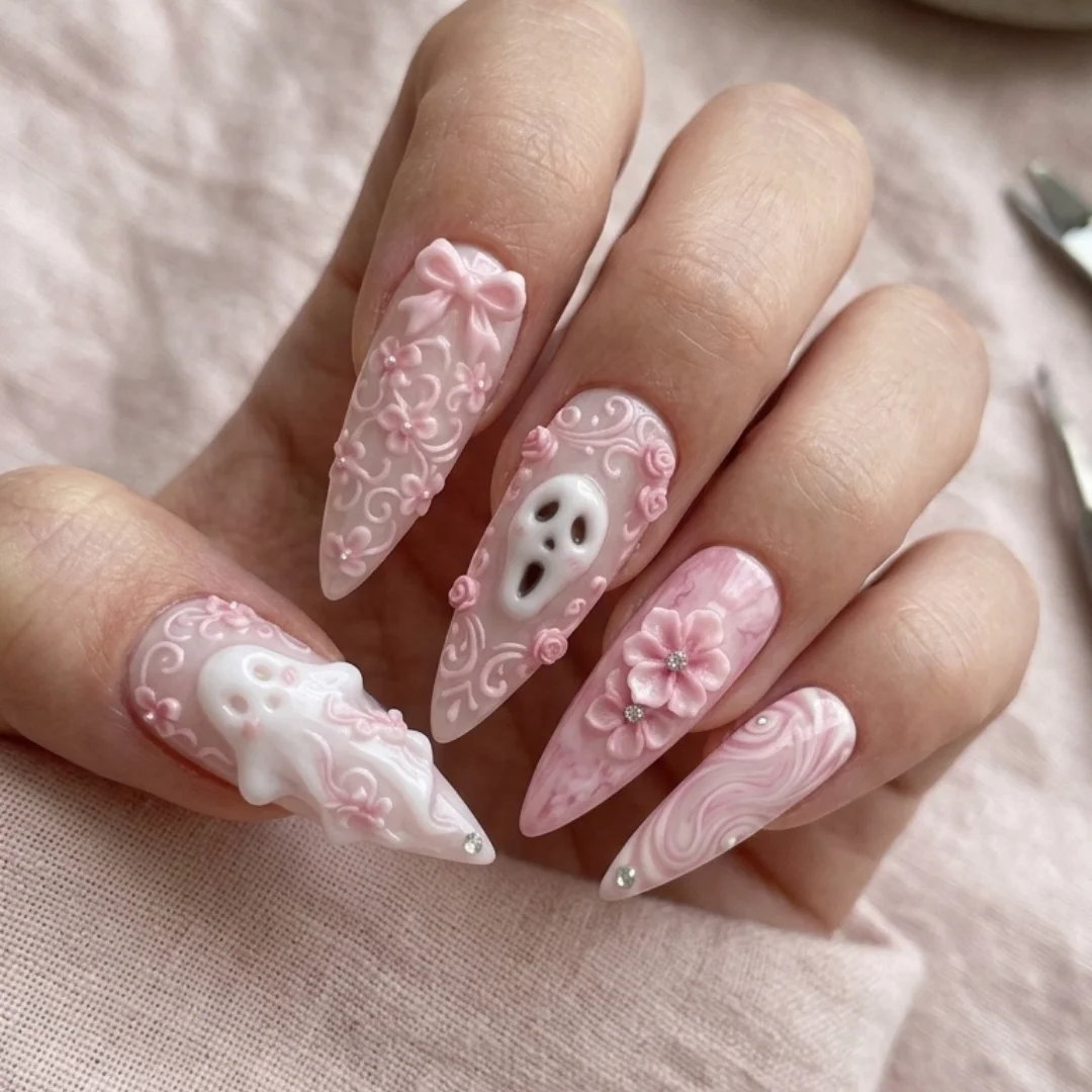 Coquette Halloween, Spooky Cute Nails, press on nails, custom press on nails, fake nails, Nails Art, stained glass nails, gold press on nails, 3d press on nails, luxury press on nails, handmade press on nails