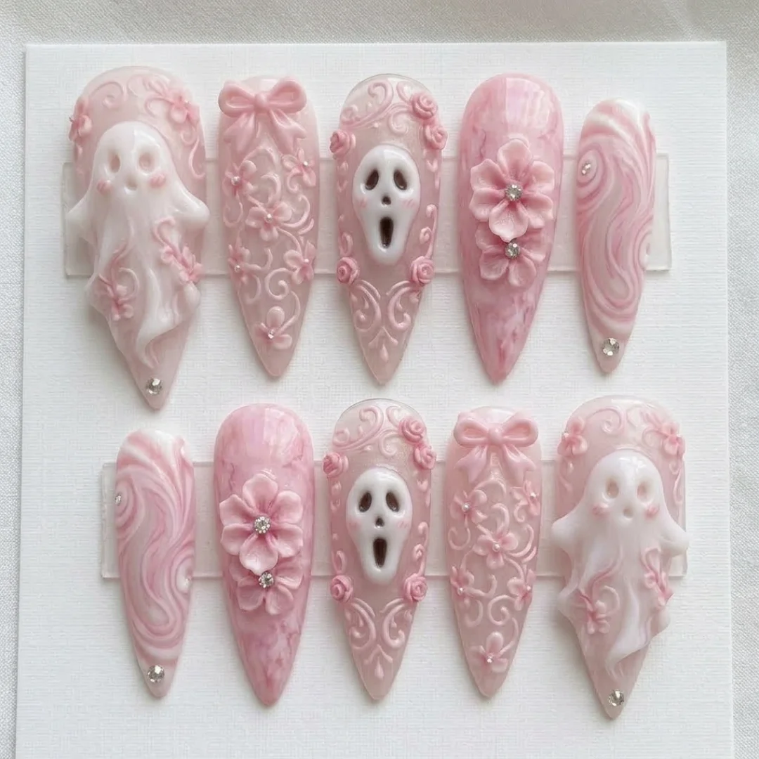 Pink Marble Nails, 3D Floral Nails, press on nails, custom press on nails, fake nails, Nails Art, stained glass nails, gold press on nails, 3d press on nails, luxury press on nails, handmade press on nails