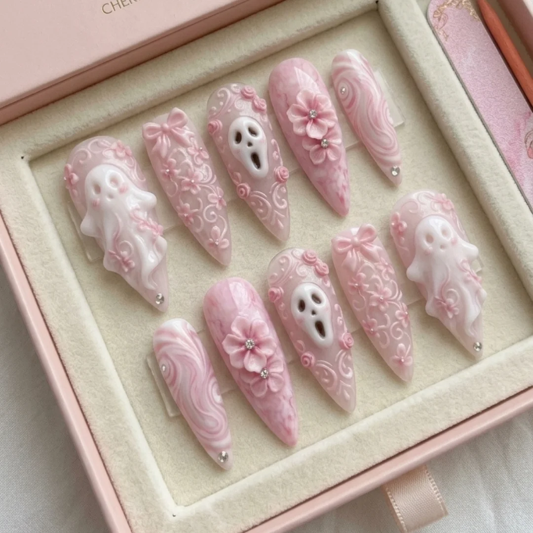3D Pink Ghostface, Press On Nails, press on nails, custom press on nails, fake nails, Nails Art, stained glass nails, gold press on nails, 3d press on nails, luxury press on nails, handmade press on nails