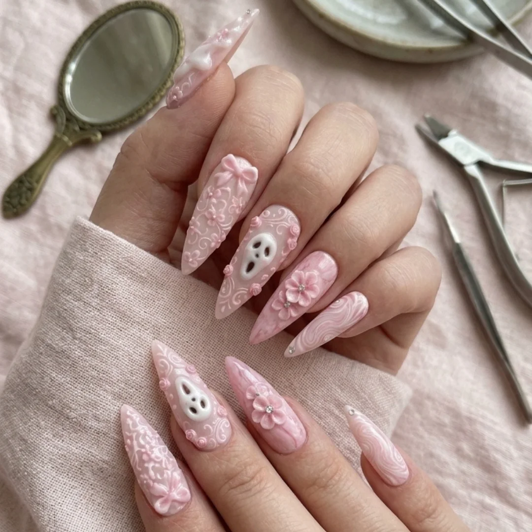 Coquette Halloween, Spooky Cute Nails, press on nails, custom press on nails, fake nails, Nails Art, stained glass nails, gold press on nails, 3d press on nails, luxury press on nails, handmade press on nails