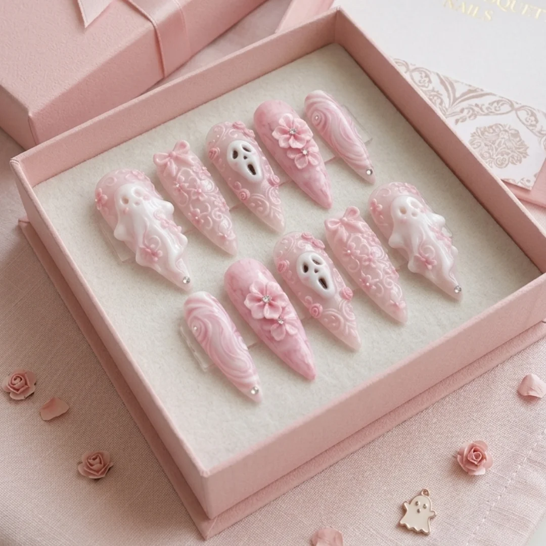 3D Pink Ghostface, Press On Nails, press on nails, custom press on nails, fake nails, Nails Art, stained glass nails, gold press on nails, 3d press on nails, luxury press on nails, handmade press on nails