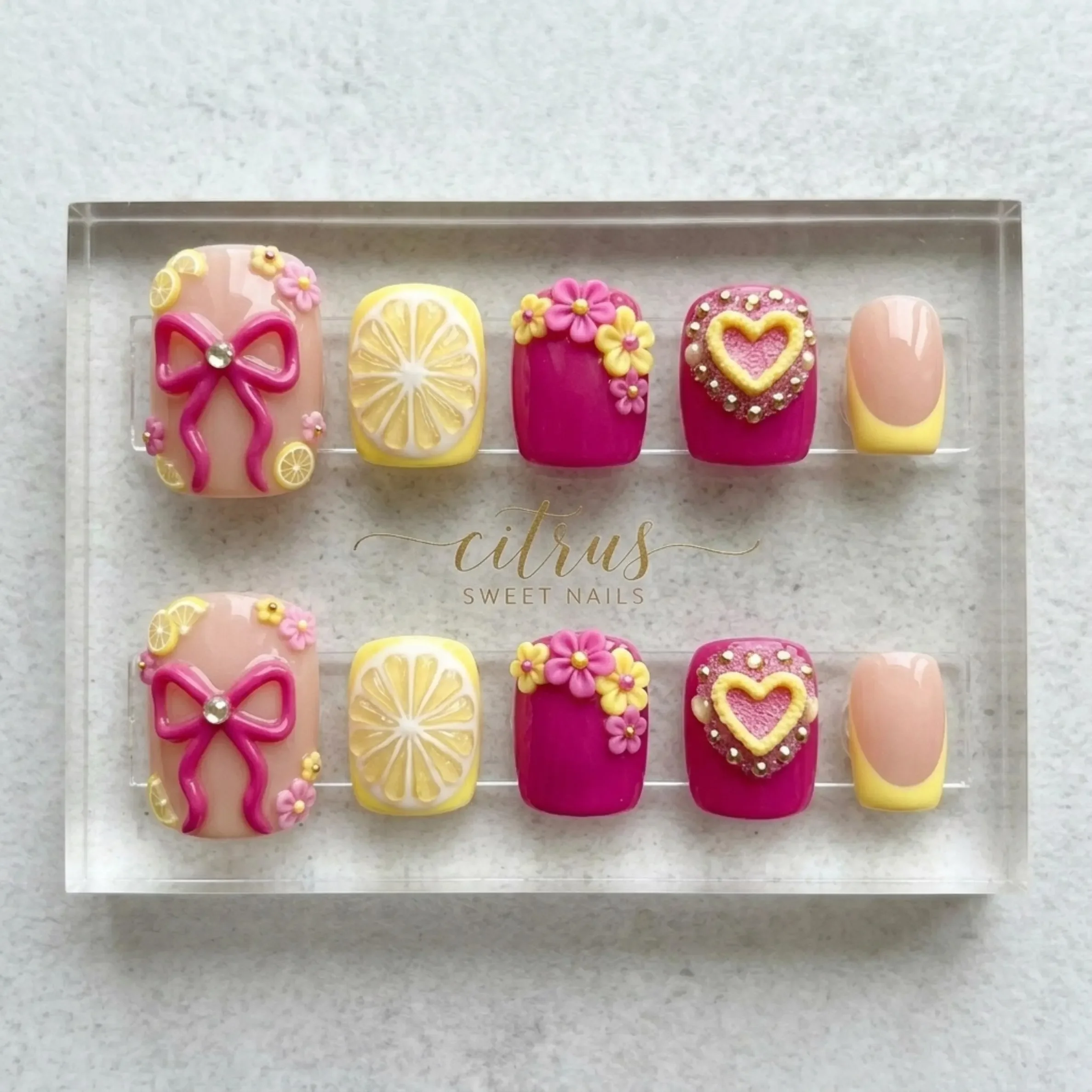 3D Pink Lemonade, Press On Toes, press on nails, custom press on nails, fake nails, Nails Art, stained glass nails, gold press on nails, 3d press on nails, luxury press on nails, handmade press on nails