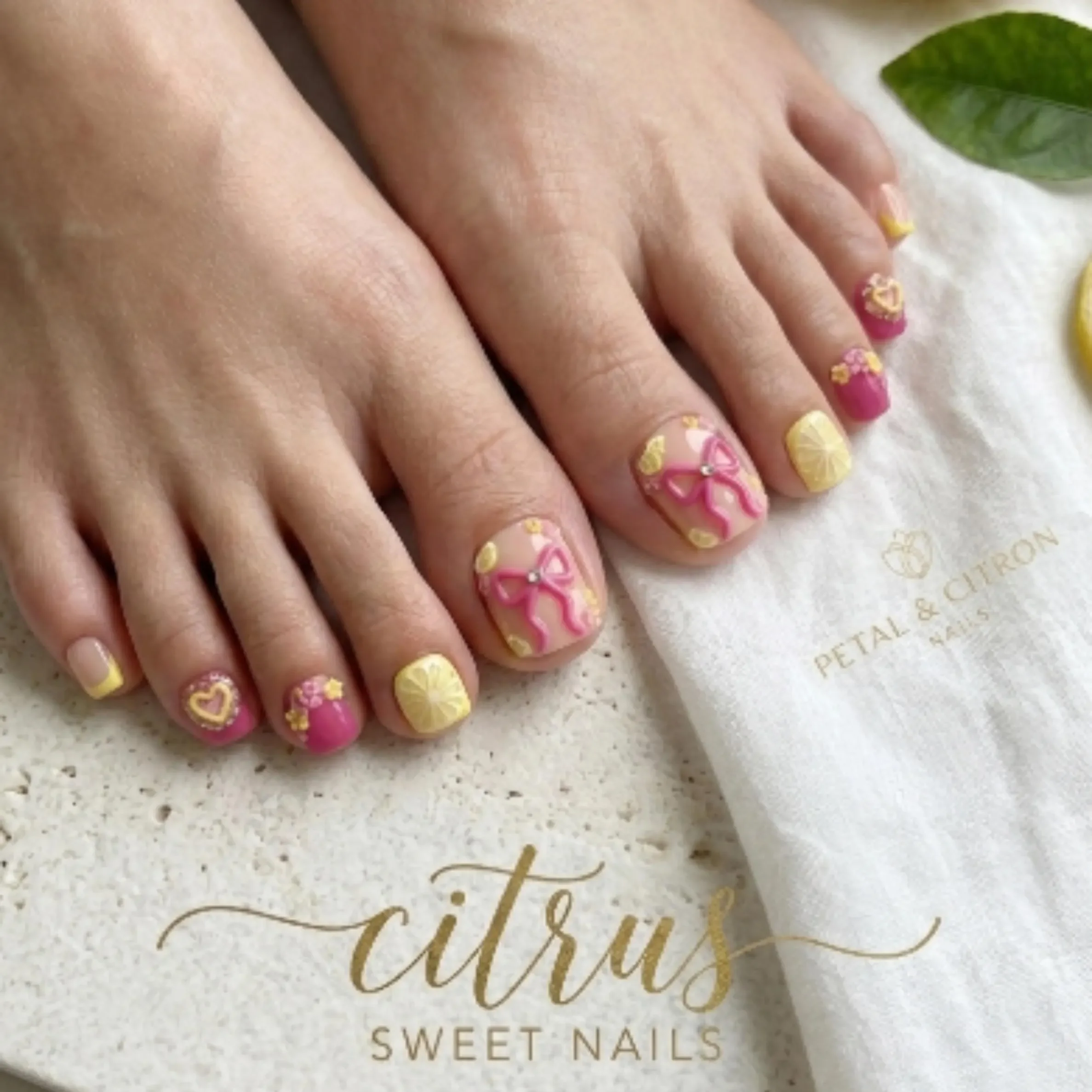 Hand-painted Citrus, Bow Pedicure, press on nails, custom press on nails, fake nails, Nails Art, stained glass nails, gold press on nails, 3d press on nails, luxury press on nails, handmade press on nails