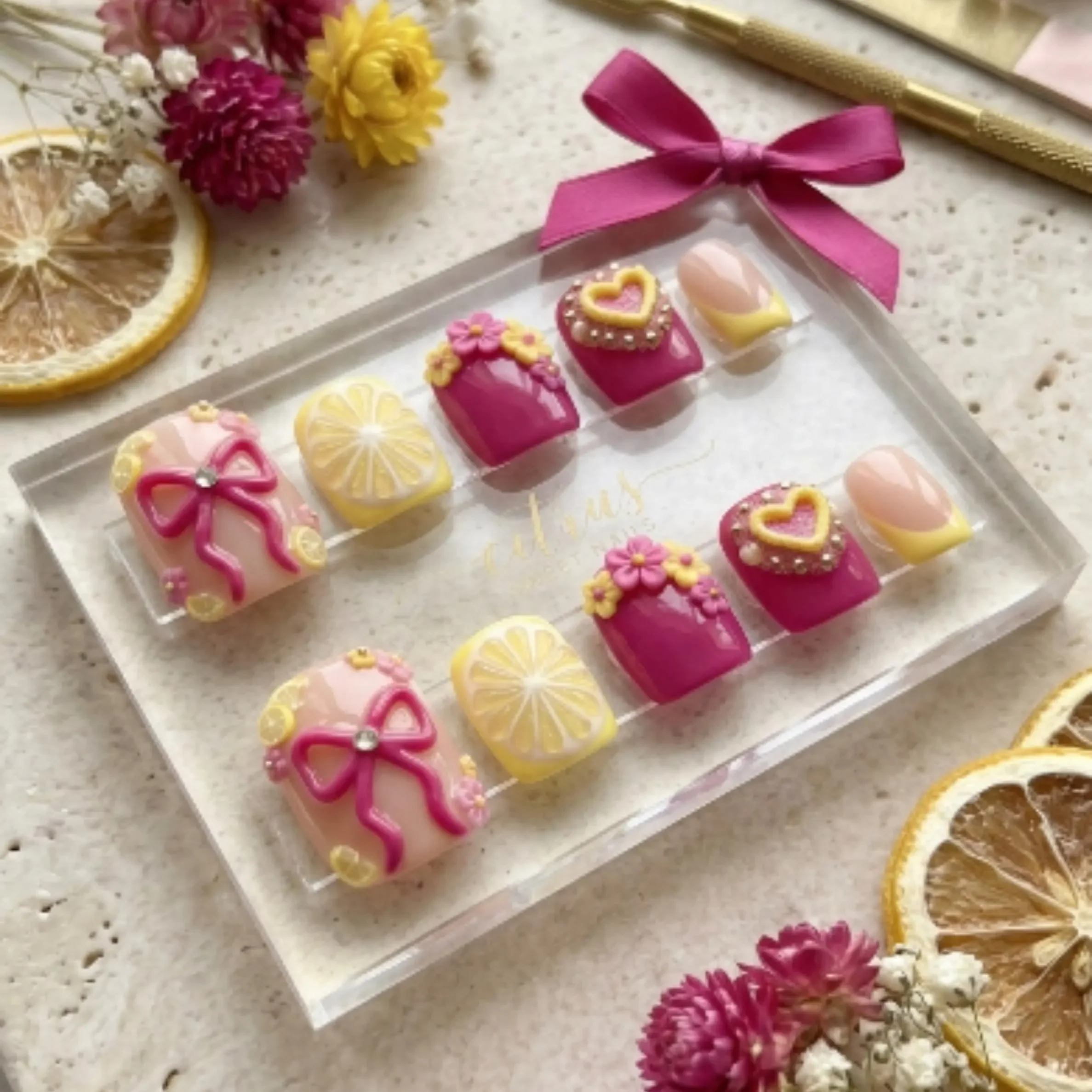 3D Pink Lemonade, Press On Toes, press on nails, custom press on nails, fake nails, Nails Art, stained glass nails, gold press on nails, 3d press on nails, luxury press on nails, handmade press on nails