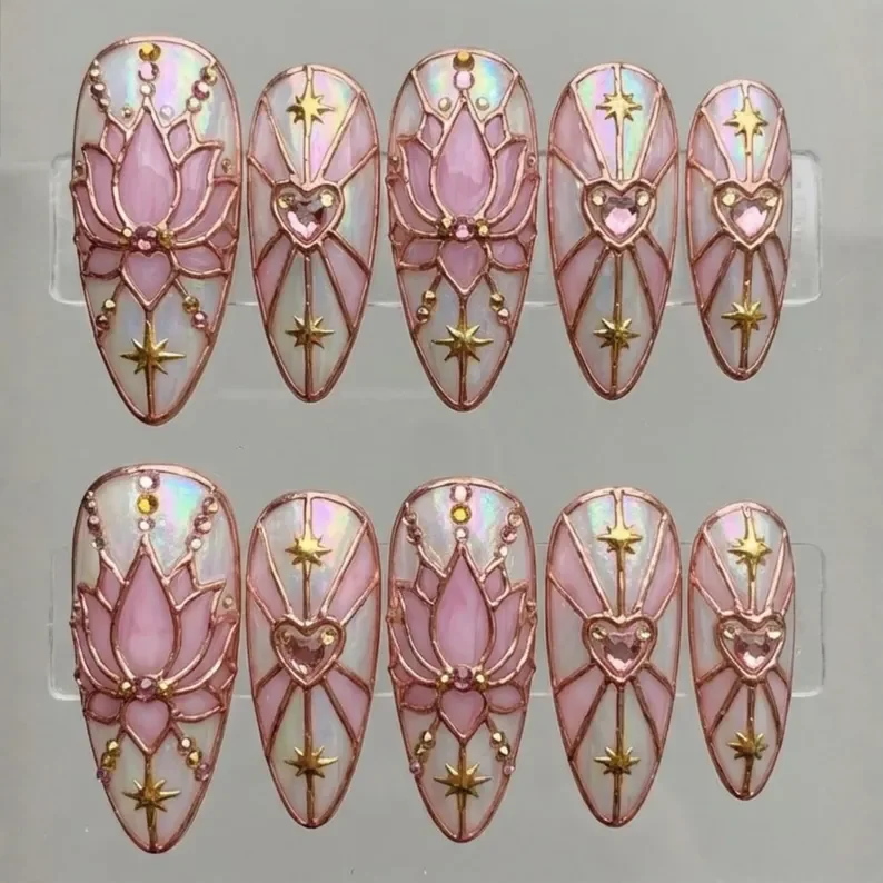 3D Pink Lotus, Stained Glass Nails, press on nails, custom press on nails, fake nails, Nails Art, stained glass nails, gold press on nails, 3d press on nails, luxury press on nails, handmade press on nails