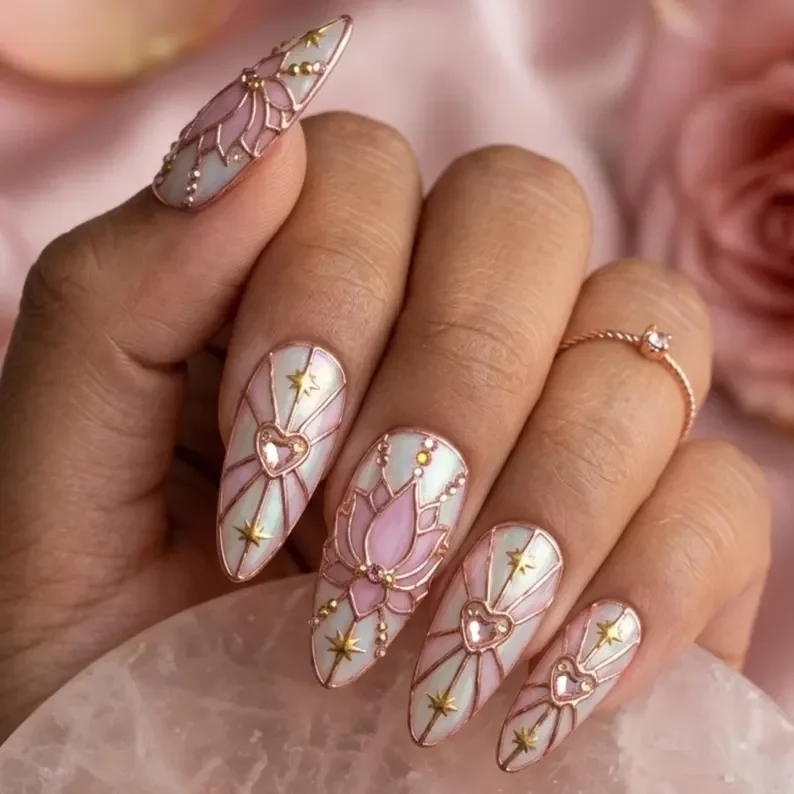 Press On Nails, Rose Gold Filigree, press on nails, custom press on nails, fake nails, Nails Art, stained glass nails, gold press on nails, 3d press on nails, luxury press on nails, handmade press on nails