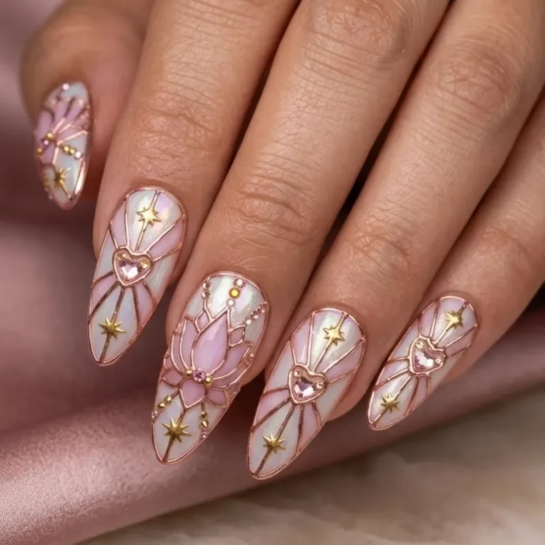 Pink Rose Gold, 3D Lotus Design, press on nails, custom press on nails, fake nails, Nails Art, stained glass nails, gold press on nails, 3d press on nails, luxury press on nails, handmade press on nails