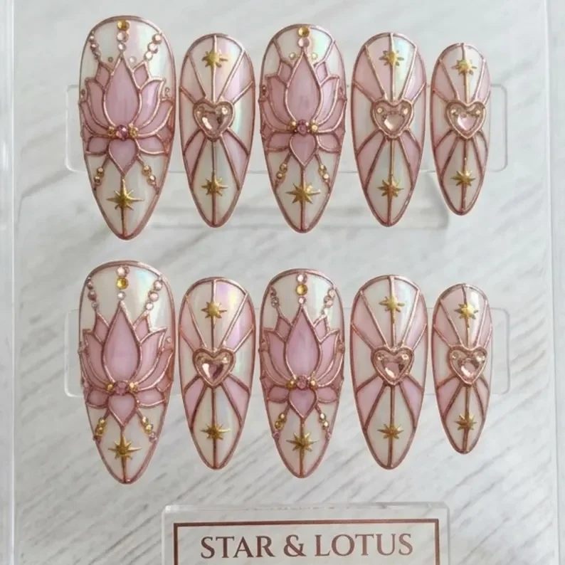 3D Pink Lotus, Stained Glass Nails, press on nails, custom press on nails, fake nails, Nails Art, stained glass nails, gold press on nails, 3d press on nails, luxury press on nails, handmade press on nails