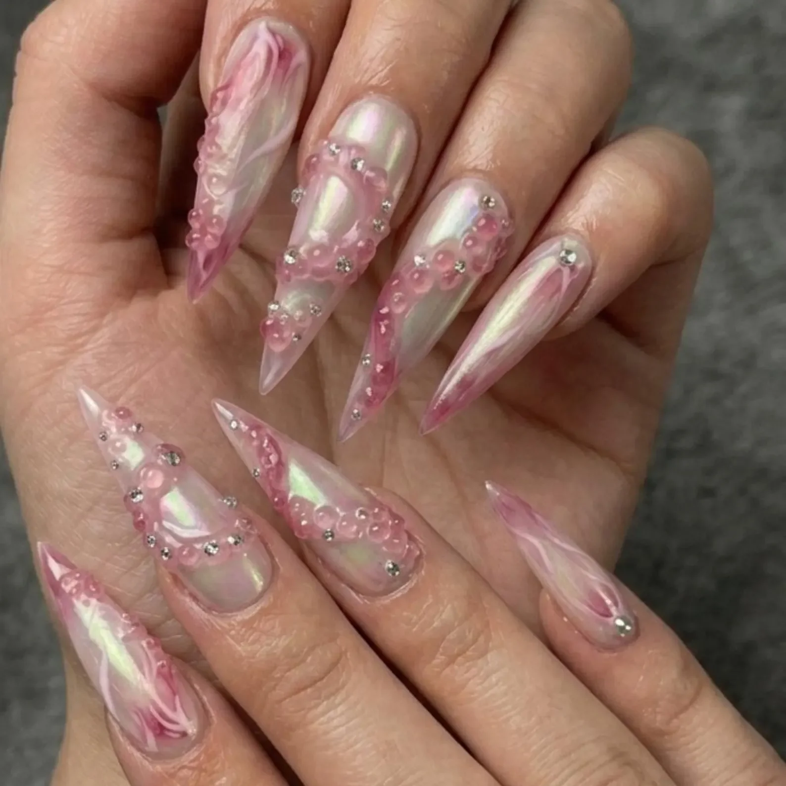 Iridescent Nails, Pink Octopus Art, press on nails, custom press on nails, fake nails, Nails Art, stained glass nails, gold press on nails, 3d press on nails, luxury press on nails, handmade press on nails