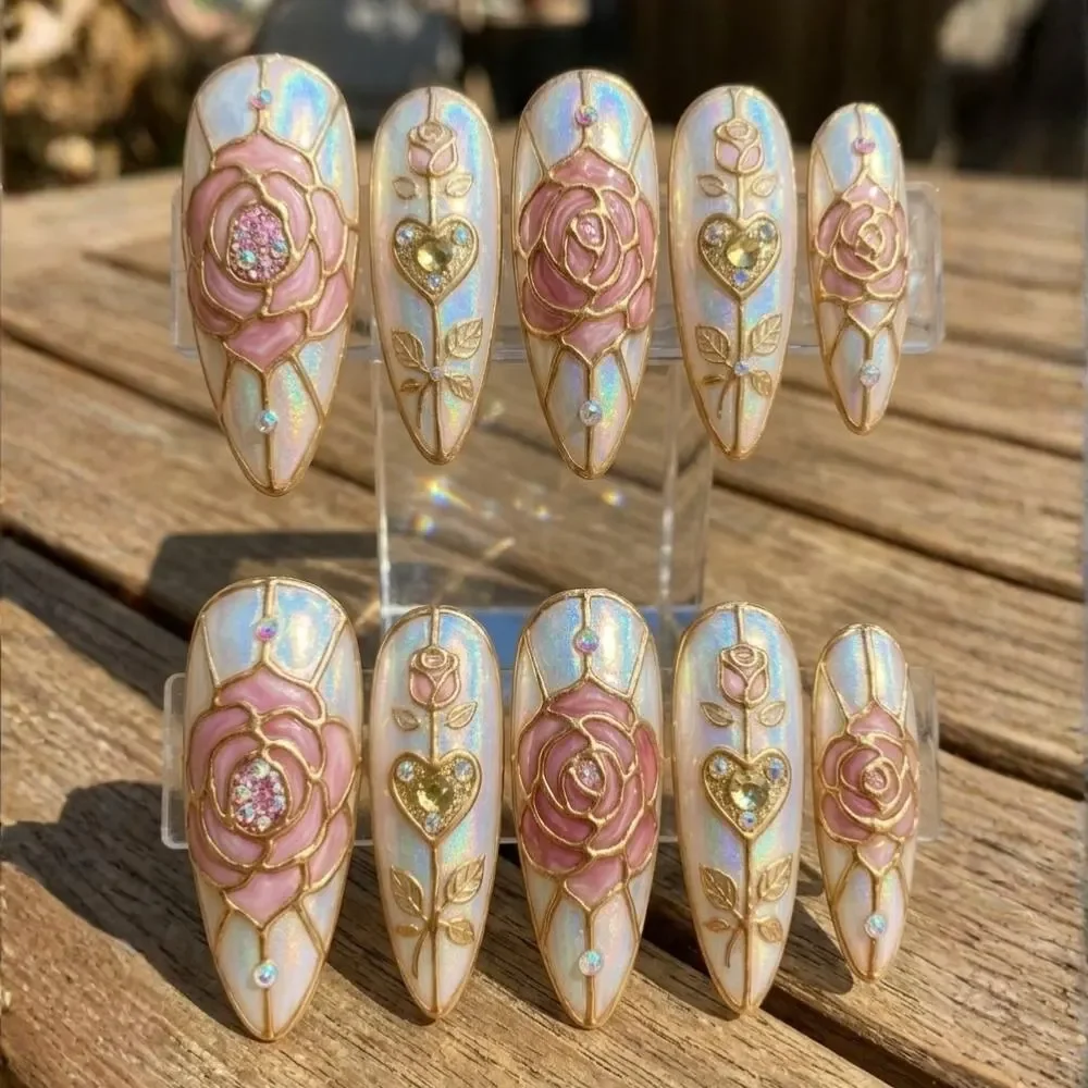 3D Pink Rose, Press on Nails, press on nails, custom press on nails, fake nails, Nails Art, stained glass nails, gold press on nails, 3d press on nails, luxury press on nails, handmade press on nails