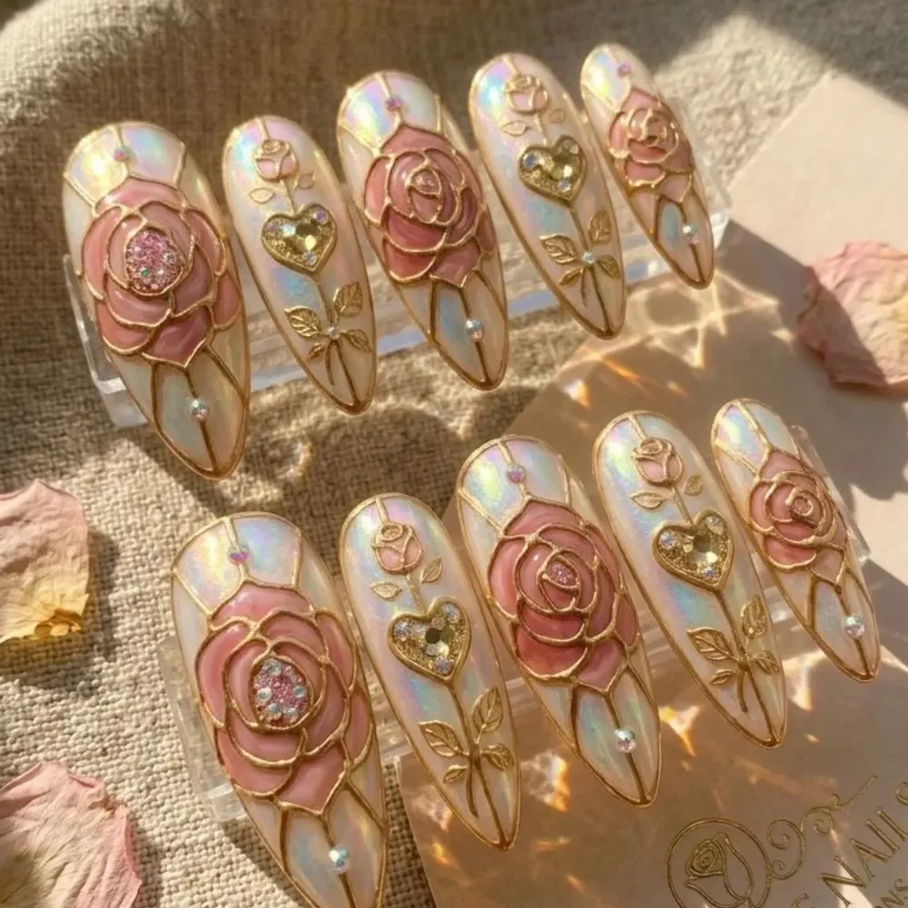 Flower Design, Rose Nail Art, press on nails, custom press on nails, fake nails, Nails Art, stained glass nails, gold press on nails, 3d press on nails, luxury press on nails, handmade press on nails