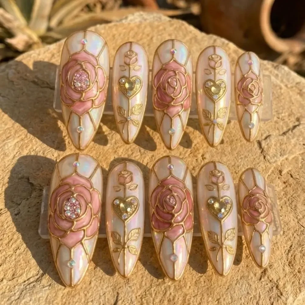 Heart Nail Art, Pink Rose Nails, press on nails, custom press on nails, fake nails, Nails Art, stained glass nails, gold press on nails, 3d press on nails, luxury press on nails, handmade press on nails