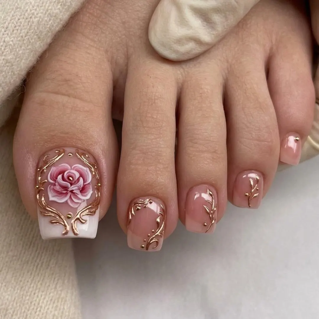 3D Pink Rose, Press On Toes, press on nails, custom press on nails, fake nails, Nails Art, stained glass nails, gold press on nails, 3d press on nails, luxury press on nails, handmade press on nails