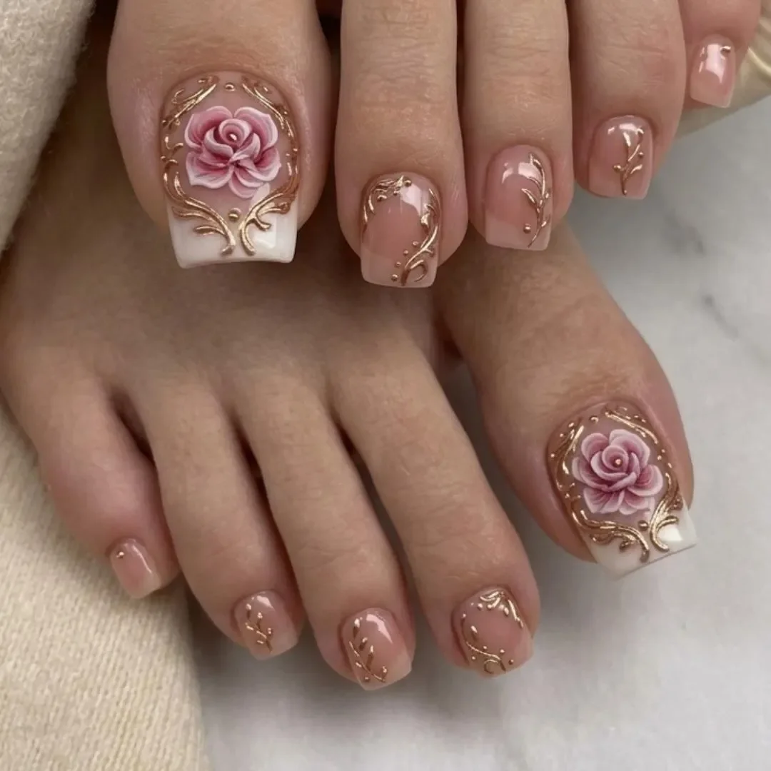 Baroque Rose, Gold Filigree, press on nails, custom press on nails, fake nails, Nails Art, stained glass nails, gold press on nails, 3d press on nails, luxury press on nails, handmade press on nails