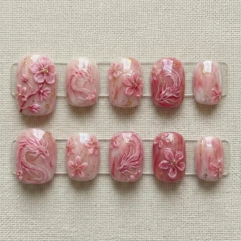 3D Pink Sakura, Dragon press on, press on nails, custom press on nails, fake nails, Nails Art, stained glass nails, gold press on nails, 3d press on nails, luxury press on nails, handmade press on nails