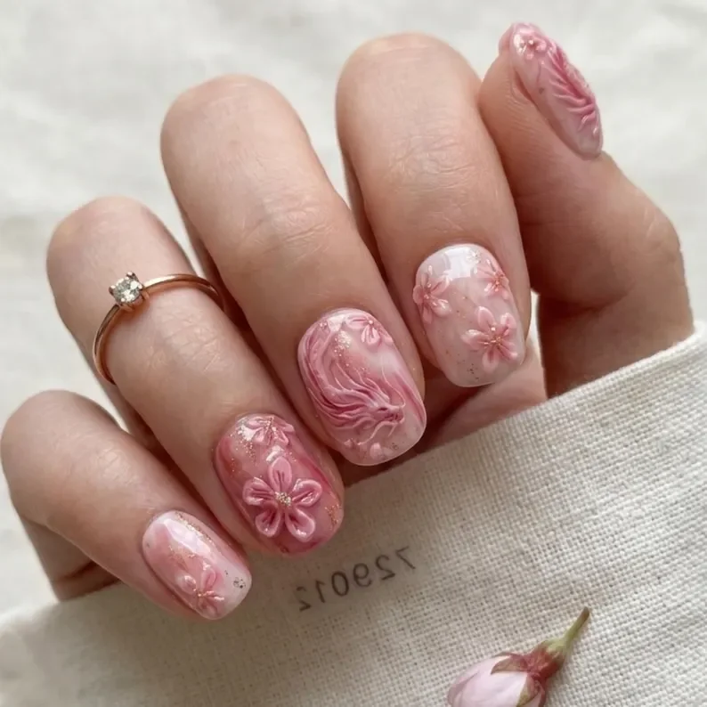 Sakura nail design, 3D Japanese nails, press on nails, custom press on nails, fake nails, Nails Art, stained glass nails, gold press on nails, 3d press on nails, luxury press on nails, handmade press on nails