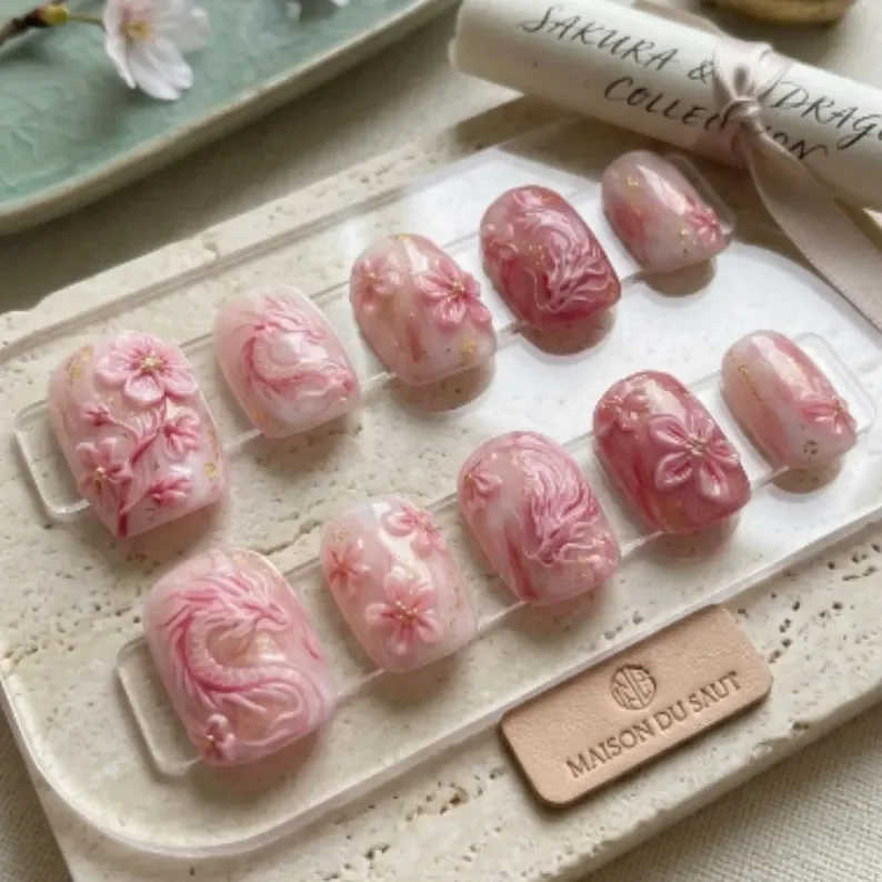 3D Pink Sakura, Dragon press on, press on nails, custom press on nails, fake nails, Nails Art, stained glass nails, gold press on nails, 3d press on nails, luxury press on nails, handmade press on nails