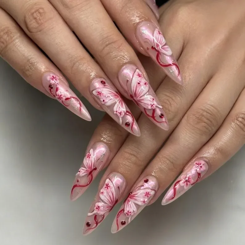 3D Pink Shimmer, Stiletto Press On, press on nails, custom press on nails, fake nails, Nails Art, stained glass nails, gold press on nails, 3d press on nails, luxury press on nails, handmade press on nails