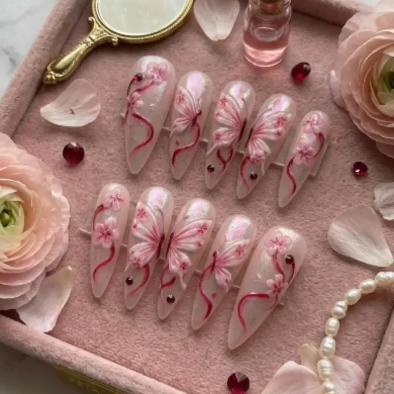 Fairycore Nails, Butterfly Wing Nail Art, press on nails, custom press on nails, fake nails, Nails Art, stained glass nails, gold press on nails, 3d press on nails, luxury press on nails, handmade press on nails