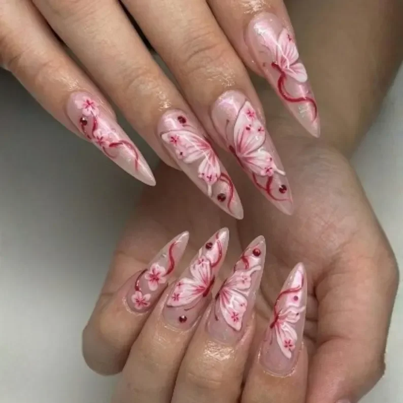 Shimmer Stiletto Nails, Pink Fairycore, press on nails, custom press on nails, fake nails, Nails Art, stained glass nails, gold press on nails, 3d press on nails, luxury press on nails, handmade press on nails