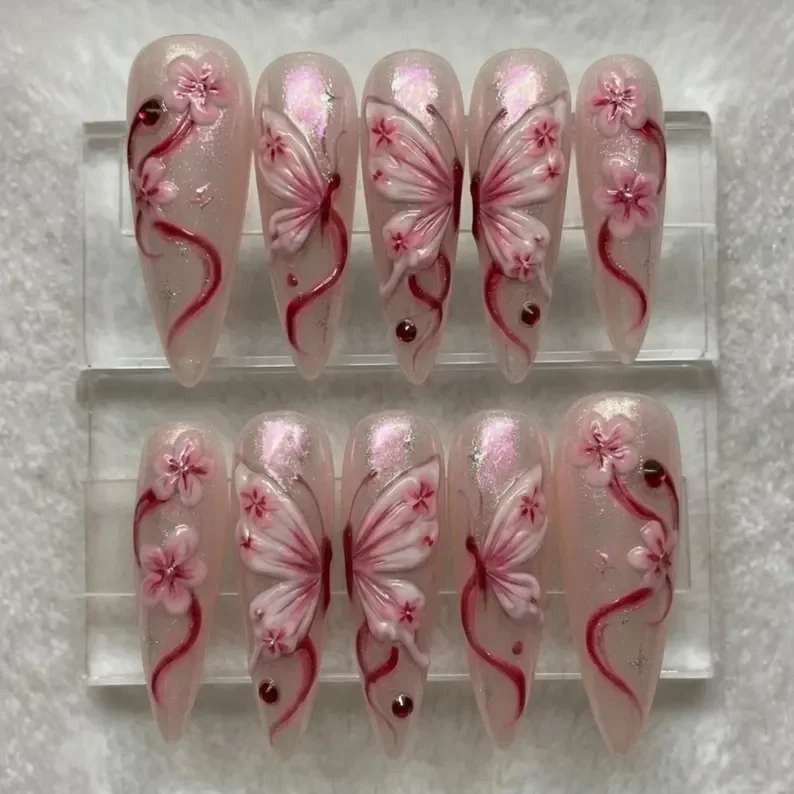 Butterfly Wing Nails, 3D Pink Shimmer, press on nails, custom press on nails, fake nails, Nails Art, stained glass nails, gold press on nails, 3d press on nails, luxury press on nails, handmade press on nails