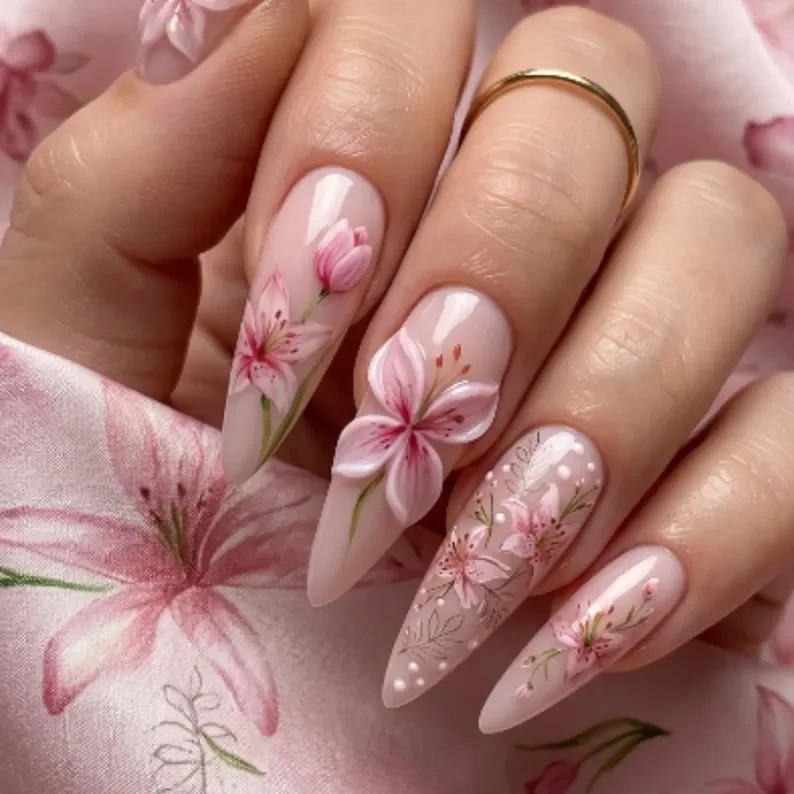 3D Pink Nails, Spring Lily Nails, press on nails, custom press on nails, fake nails, Nails Art, stained glass nails, gold press on nails, 3d press on nails, luxury press on nails, handmade press on nails