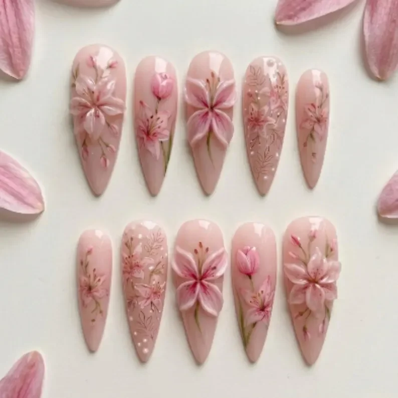 Floral Coquette, Coquette Nail Art, press on nails, custom press on nails, fake nails, Nails Art, stained glass nails, gold press on nails, 3d press on nails, luxury press on nails, handmade press on nails