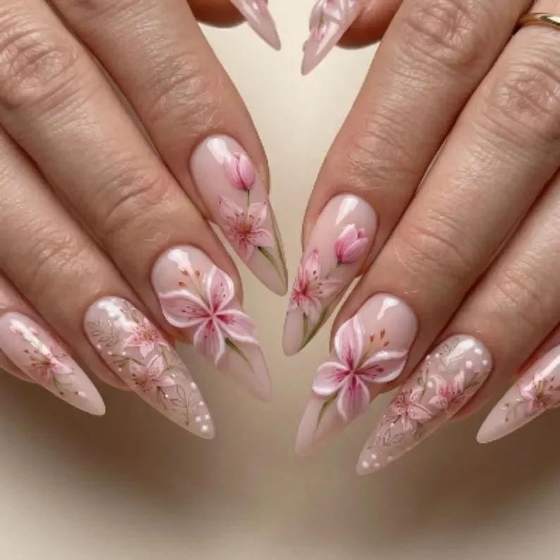 Pink Floral Nails, Spring Nail Design, press on nails, custom press on nails, fake nails, Nails Art, stained glass nails, gold press on nails, 3d press on nails, luxury press on nails, handmade press on nails