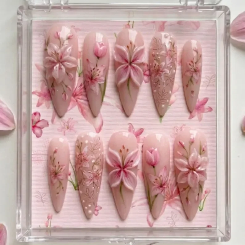 3D Pink Nails, Spring Lily Nails, press on nails, custom press on nails, fake nails, Nails Art, stained glass nails, gold press on nails, 3d press on nails, luxury press on nails, handmade press on nails