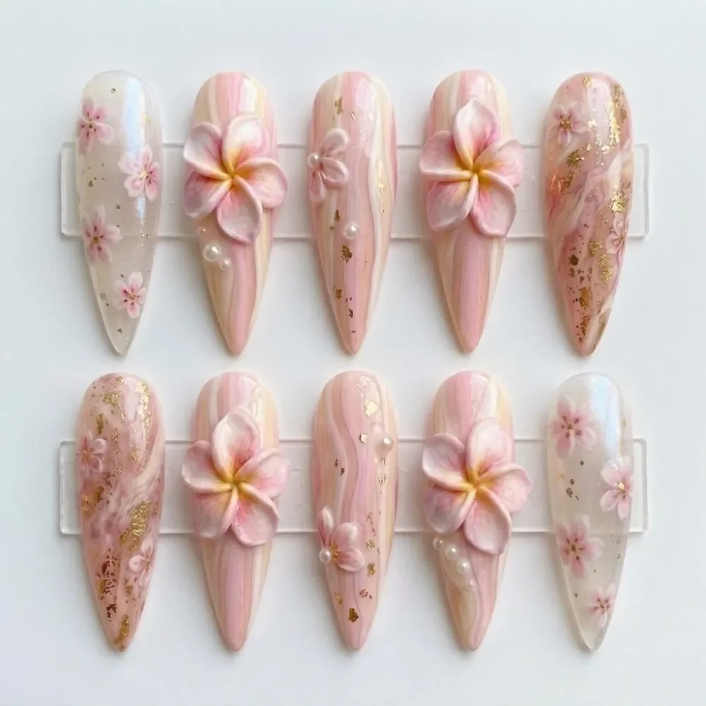 3D Plumeria nails, Sakura press on, press on nails, custom press on nails, fake nails, Nails Art, stained glass nails, gold press on nails, 3d press on nails, luxury press on nails, handmade press on nails